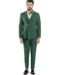 Abito Uomo Doppiopetto Vestito Completo Giacca Pantaloni Bottoni Metallo Verde Melangiato AE1057A