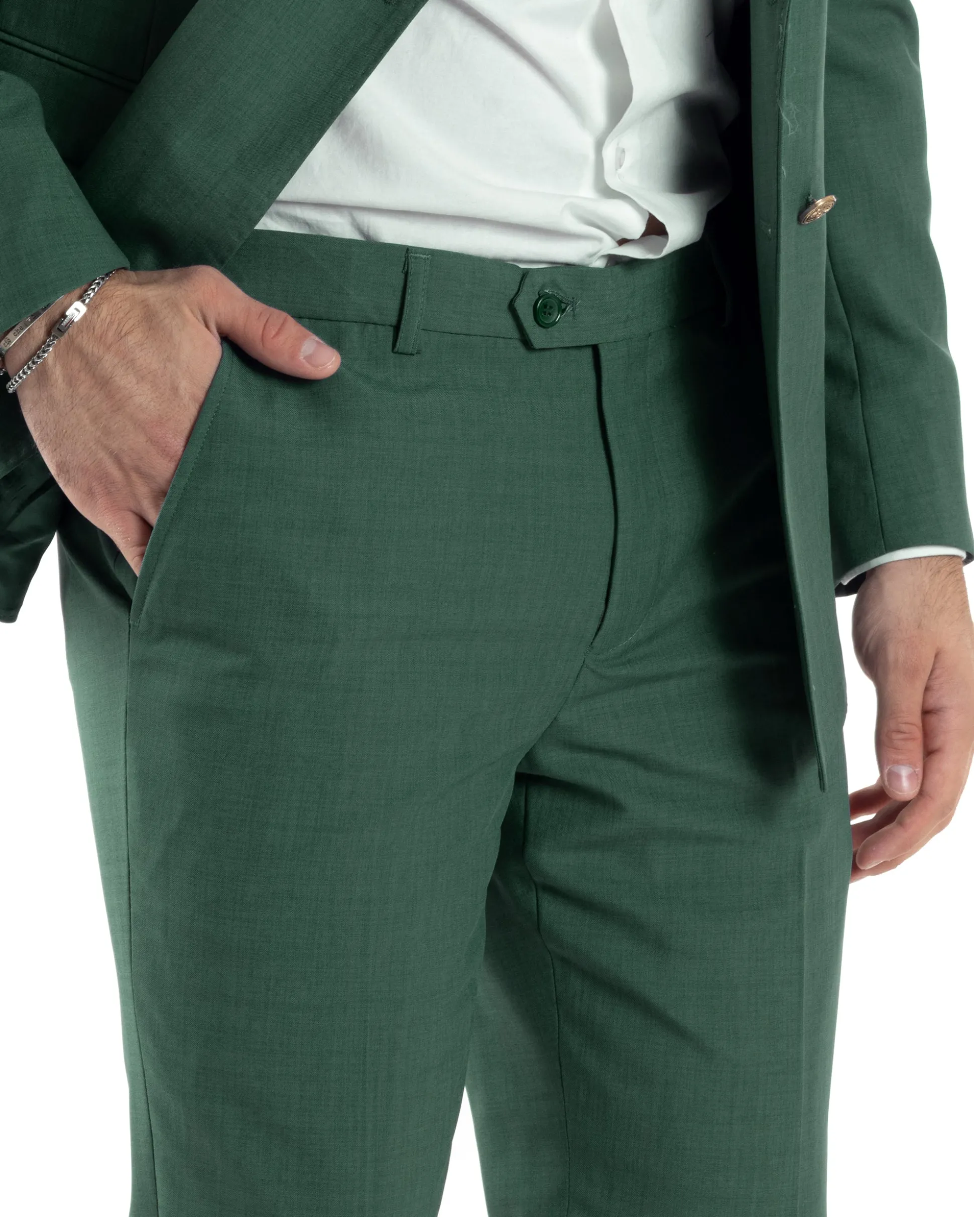 Abito Uomo Doppiopetto Vestito Completo Giacca Pantaloni Bottoni Metallo Verde Melangiato AE1057A