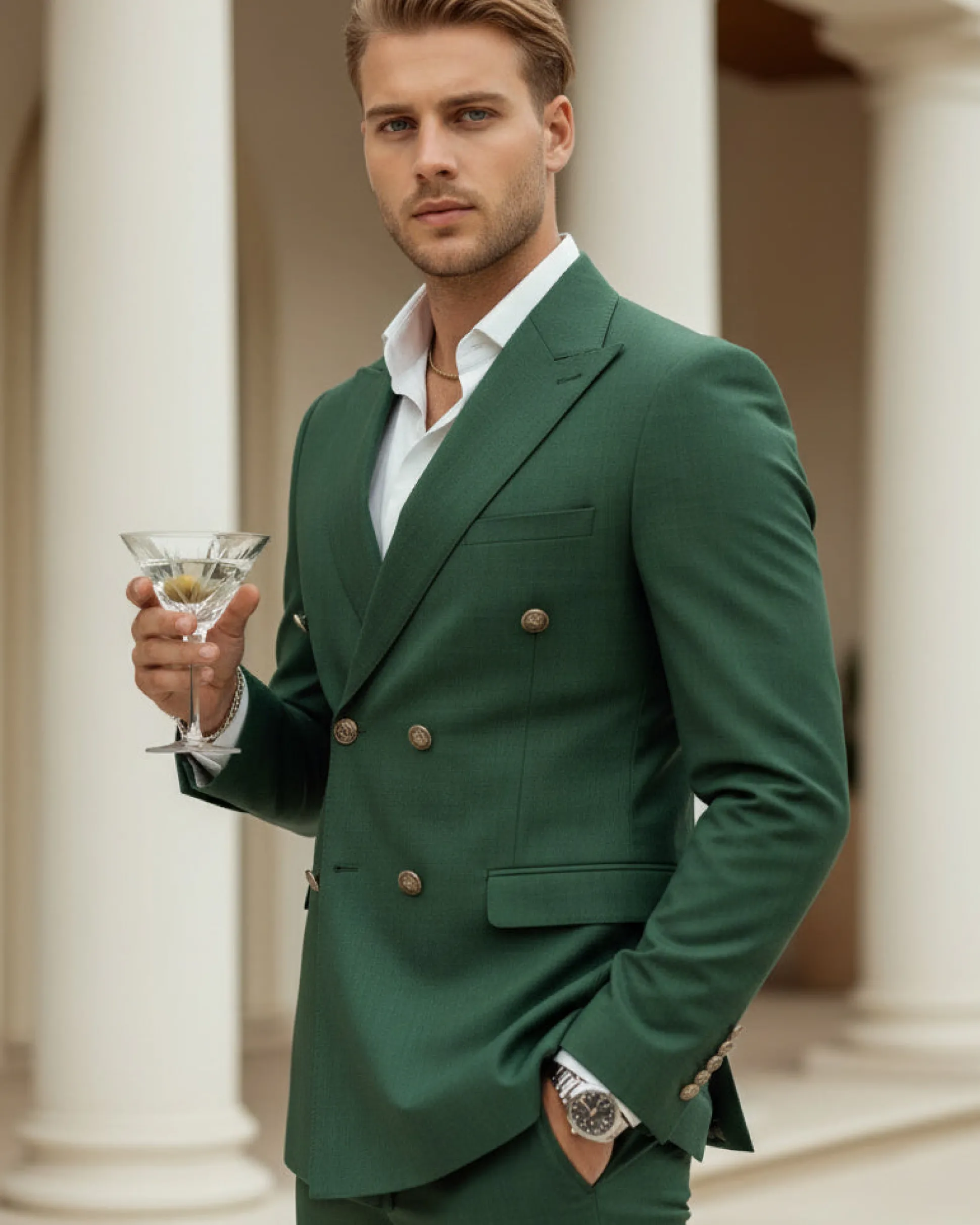 Abito Uomo Doppiopetto Vestito Completo Giacca Pantaloni Bottoni Metallo Verde Melangiato AE1057A