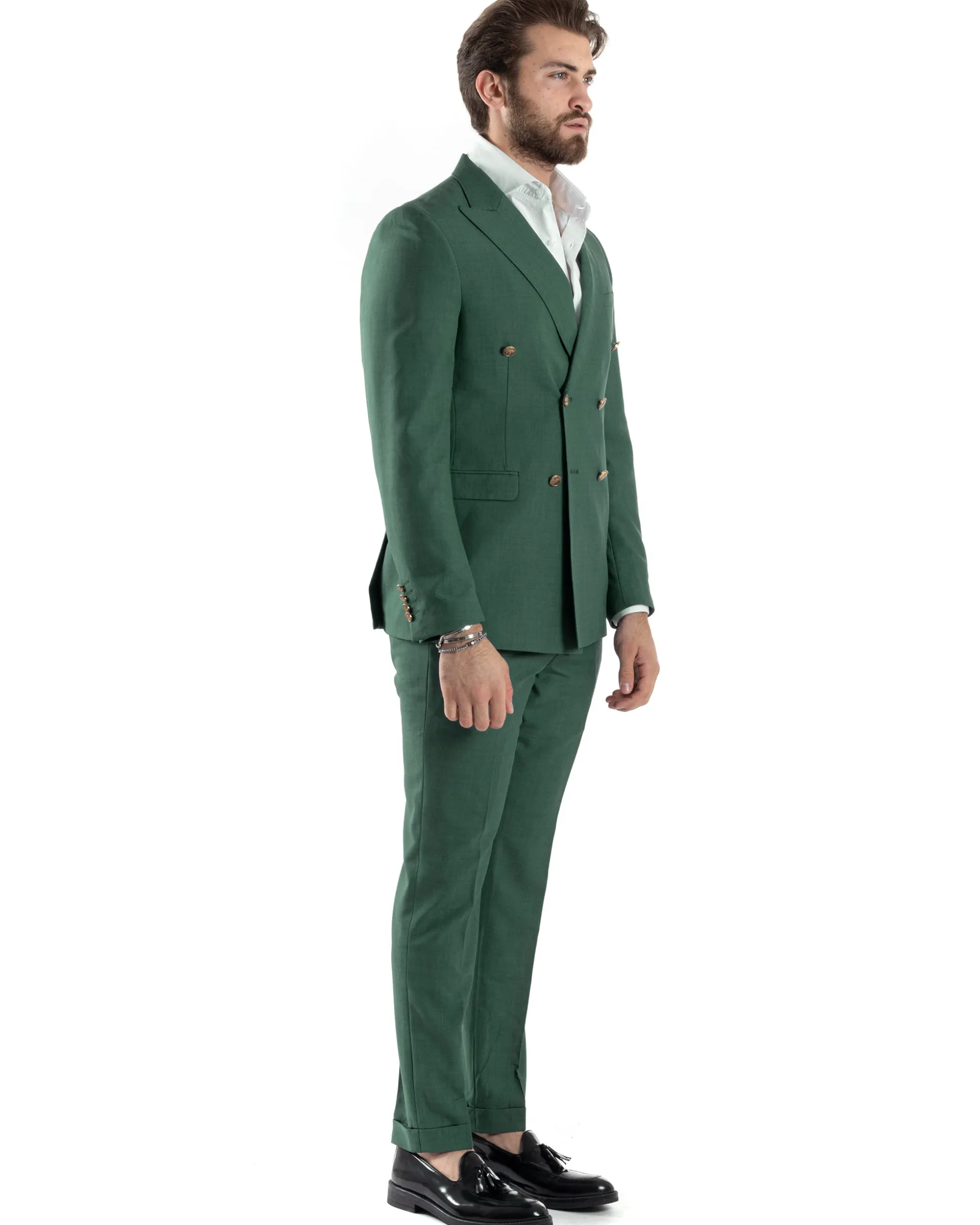 Abito Uomo Doppiopetto Vestito Completo Giacca Pantaloni Bottoni Metallo Verde Melangiato AE1057A