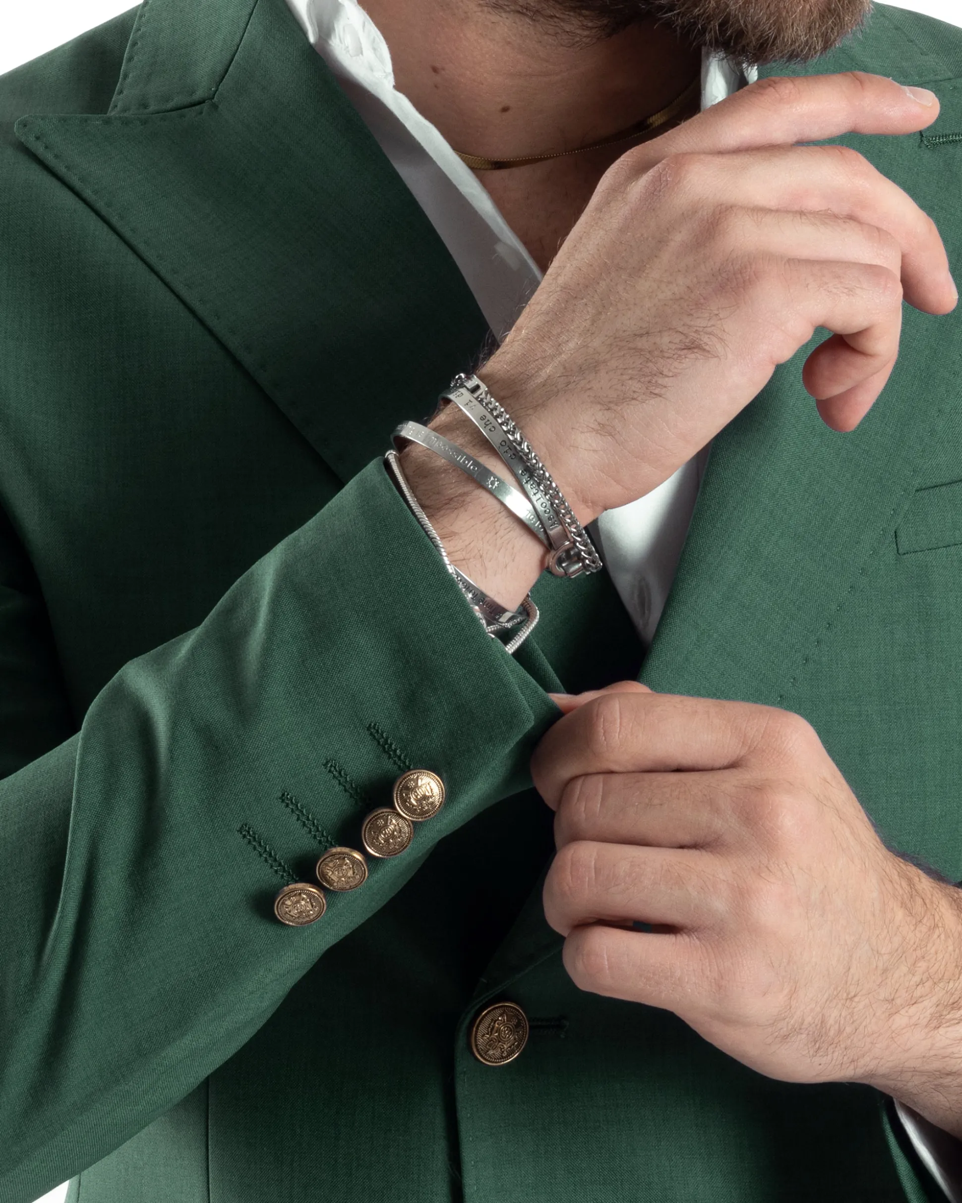 Abito Uomo Doppiopetto Vestito Completo Giacca Pantaloni Bottoni Metallo Verde Melangiato AE1057A