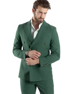 Abito Uomo Doppiopetto Vestito Completo Giacca Pantaloni Bottoni Metallo Verde Melangiato AE1057A