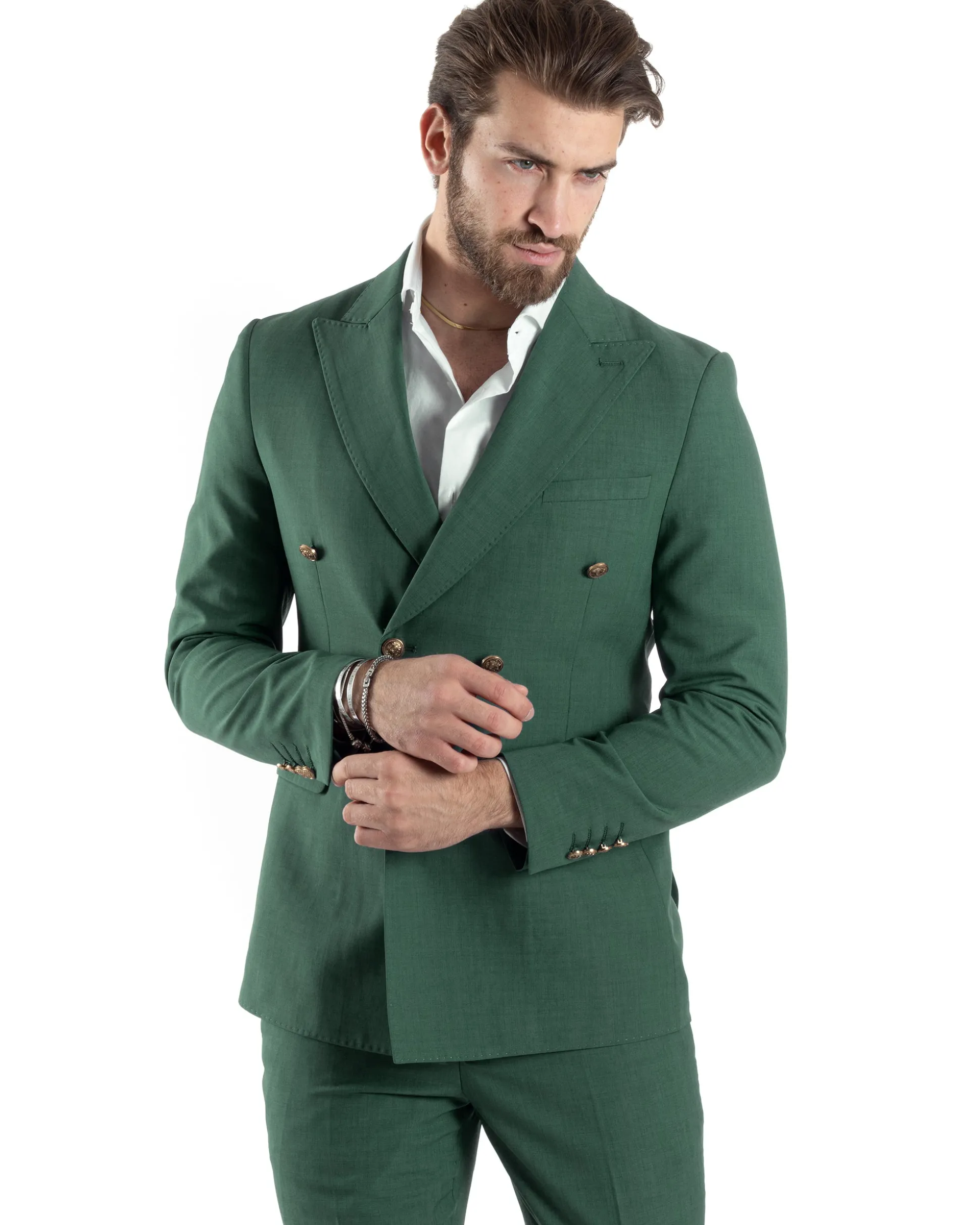 Abito Uomo Doppiopetto Vestito Completo Giacca Pantaloni Bottoni Metallo Verde Melangiato AE1057A