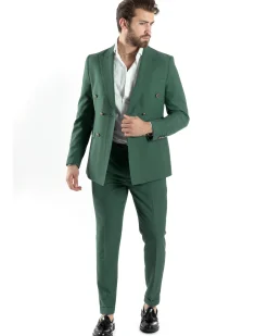 Abito Uomo Doppiopetto Vestito Completo Giacca Pantaloni Bottoni Metallo Verde Melangiato AE1057A
