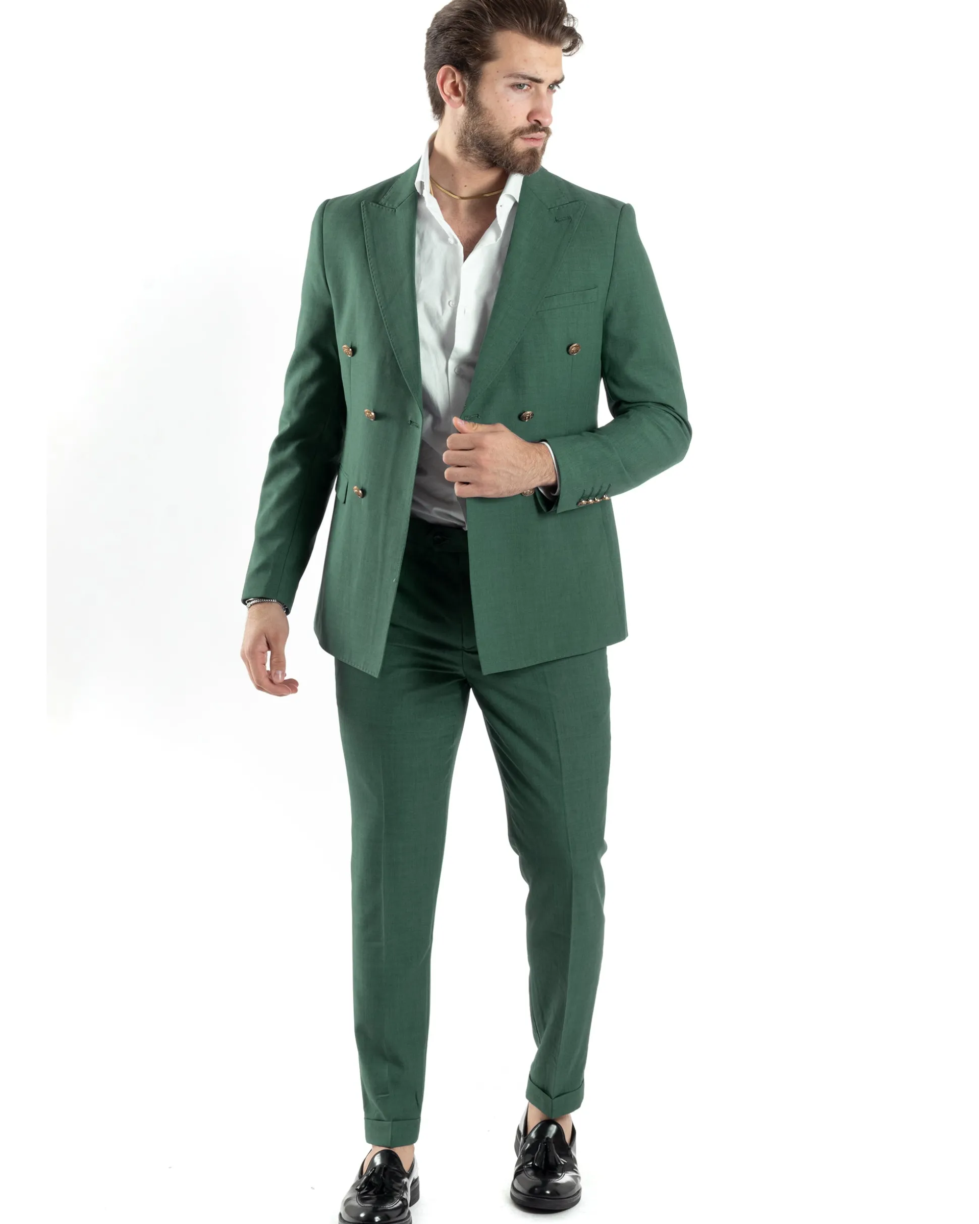 Abito Uomo Doppiopetto Vestito Completo Giacca Pantaloni Bottoni Metallo Verde Melangiato AE1057A