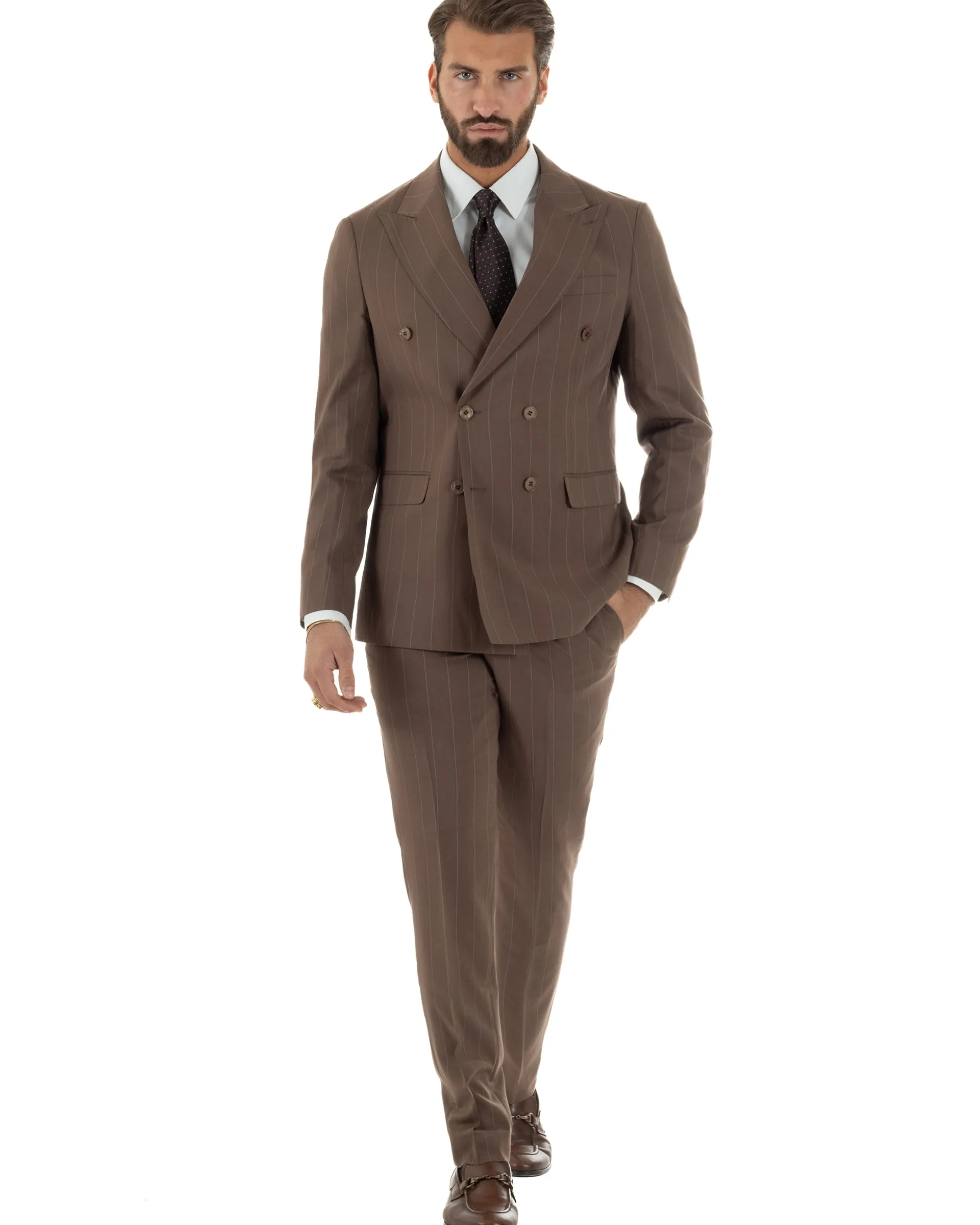 Abito uomo doppiopetto vestito gessato sartoriale rigato sottile marrone GIOSAL-AE1240A
