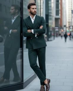 Abito Uomo Doppiopetto Vestito Completo Rigato Giacca Pantaloni Bottoni Metallo Fantasia Gessata Verde AE1089A