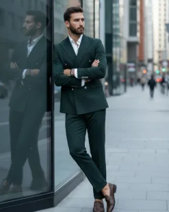 Abito Uomo Doppiopetto Vestito Completo Rigato Giacca Pantaloni Bottoni Metallo Fantasia Gessata Verde AE1089A