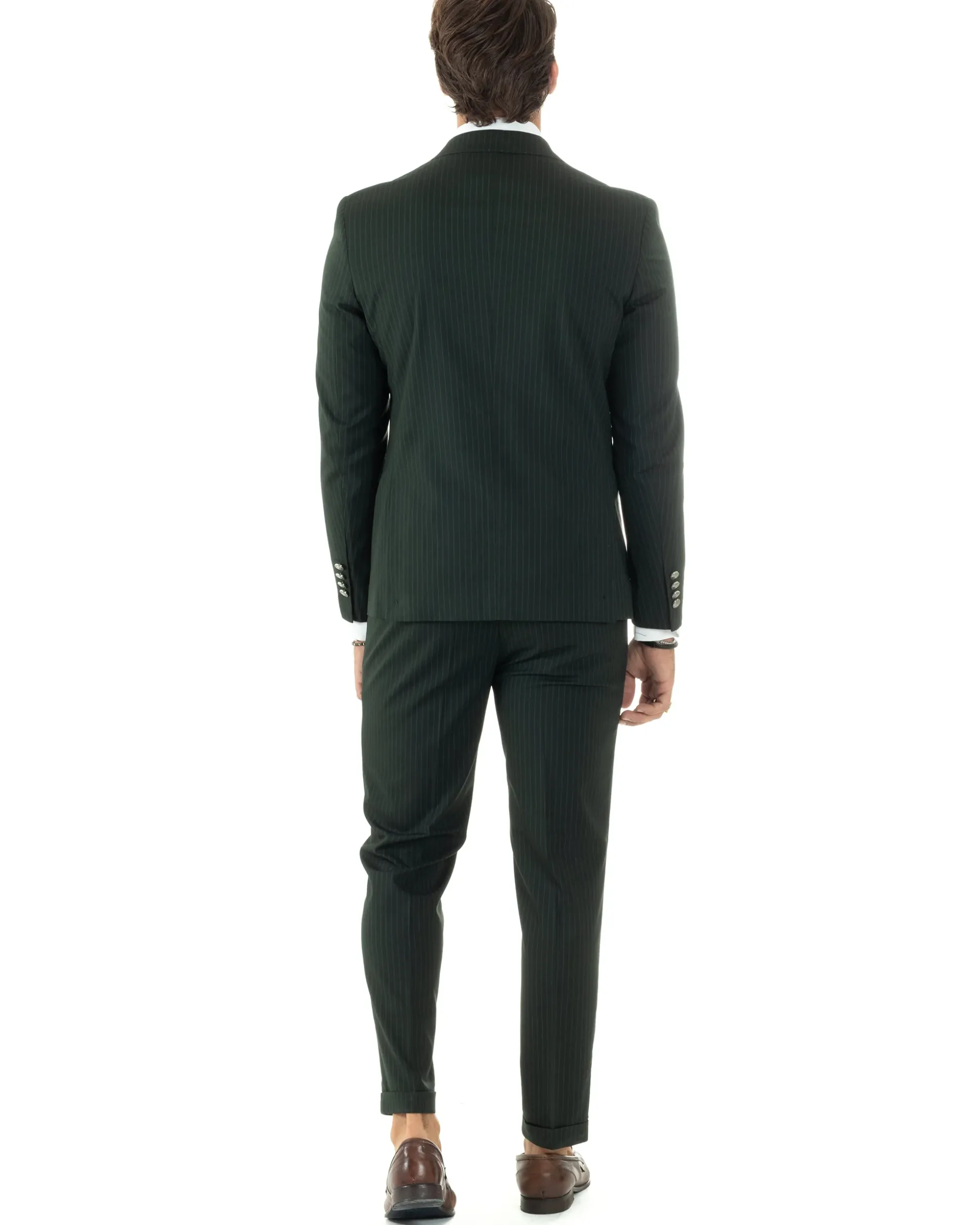 Abito Uomo Doppiopetto Vestito Completo Rigato Giacca Pantaloni Bottoni Metallo Fantasia Gessata Verde AE1089A