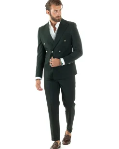 Abito Uomo Doppiopetto Vestito Completo Rigato Giacca Pantaloni Bottoni Metallo Fantasia Gessata Verde AE1089A