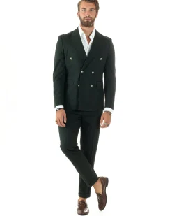 Abito Uomo Doppiopetto Vestito Completo Rigato Giacca Pantaloni Bottoni Metallo Fantasia Gessata Verde AE1089A