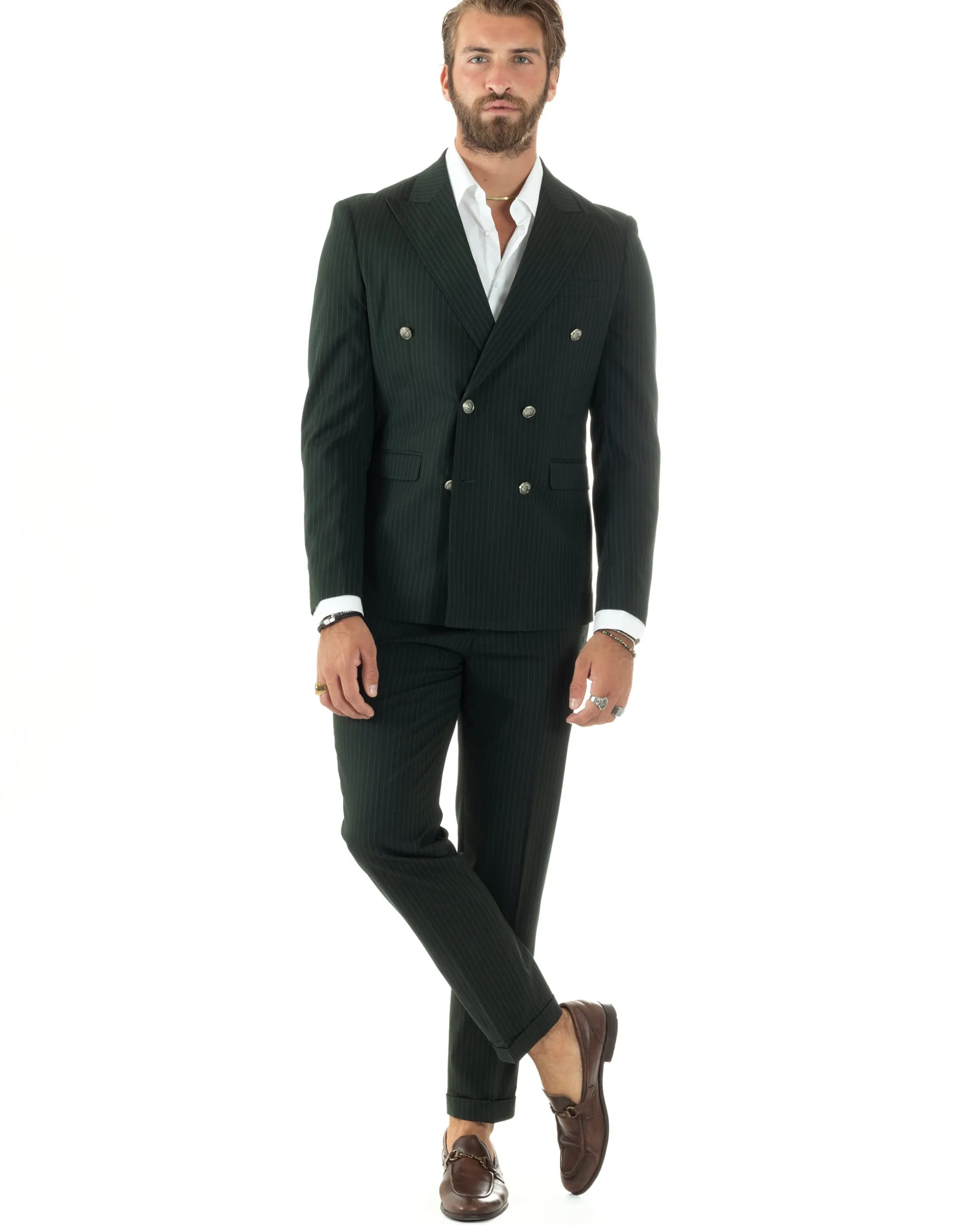 Abito Uomo Doppiopetto Vestito Completo Rigato Giacca Pantaloni Bottoni Metallo Fantasia Gessata Verde AE1089A