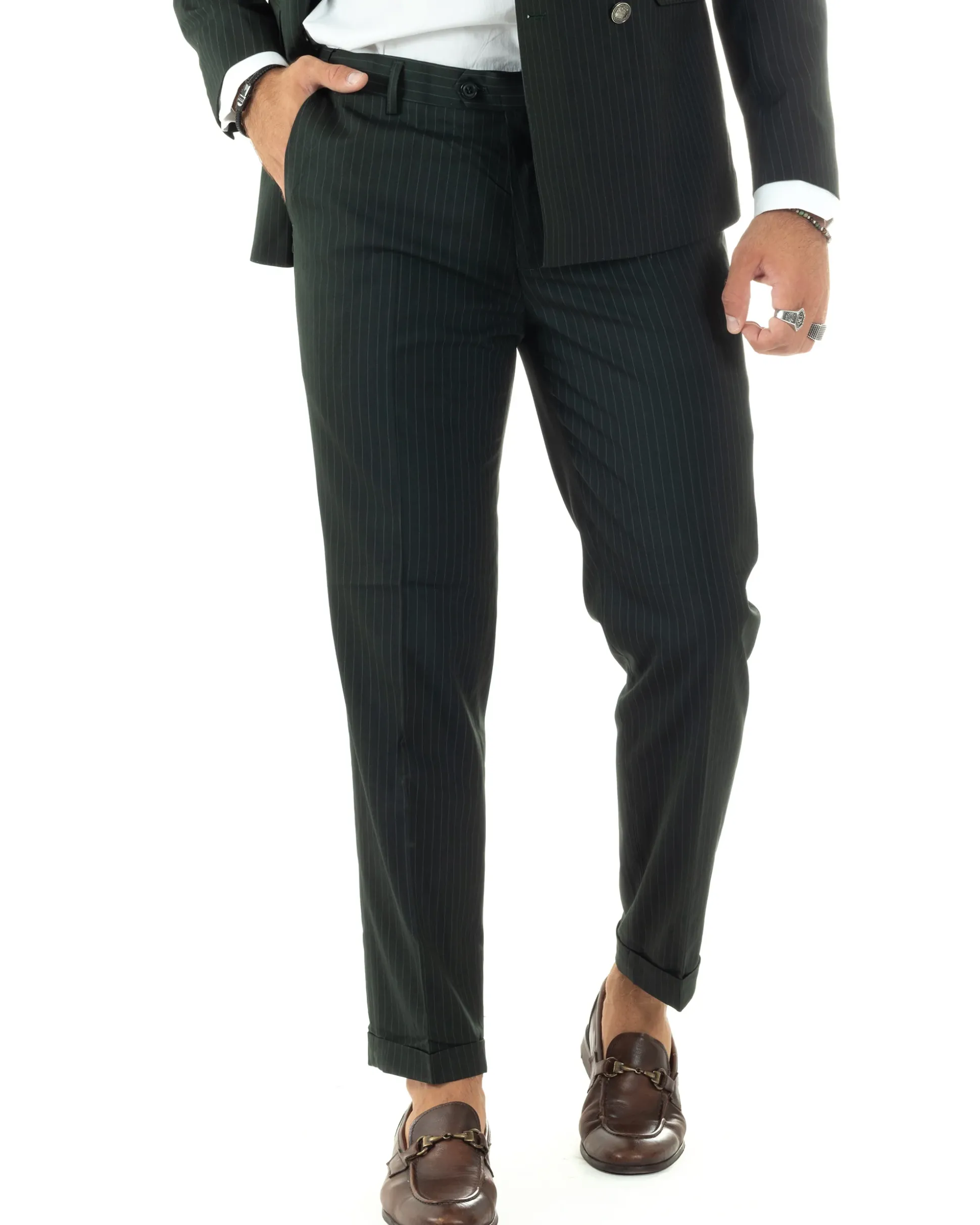 Abito Uomo Doppiopetto Vestito Completo Rigato Giacca Pantaloni Bottoni Metallo Fantasia Gessata Verde AE1089A
