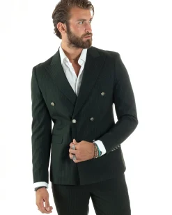 Abito Uomo Doppiopetto Vestito Completo Rigato Giacca Pantaloni Bottoni Metallo Fantasia Gessata Verde AE1089A