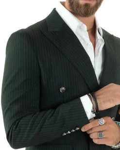 Abito Uomo Doppiopetto Vestito Completo Rigato Giacca Pantaloni Bottoni Metallo Fantasia Gessata Verde AE1089A