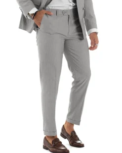 Abito Uomo Doppiopetto Vestito Completo Rigato Giacca Pantaloni Bottoni Metallo Fantasia Gessata Grigio AE1132A