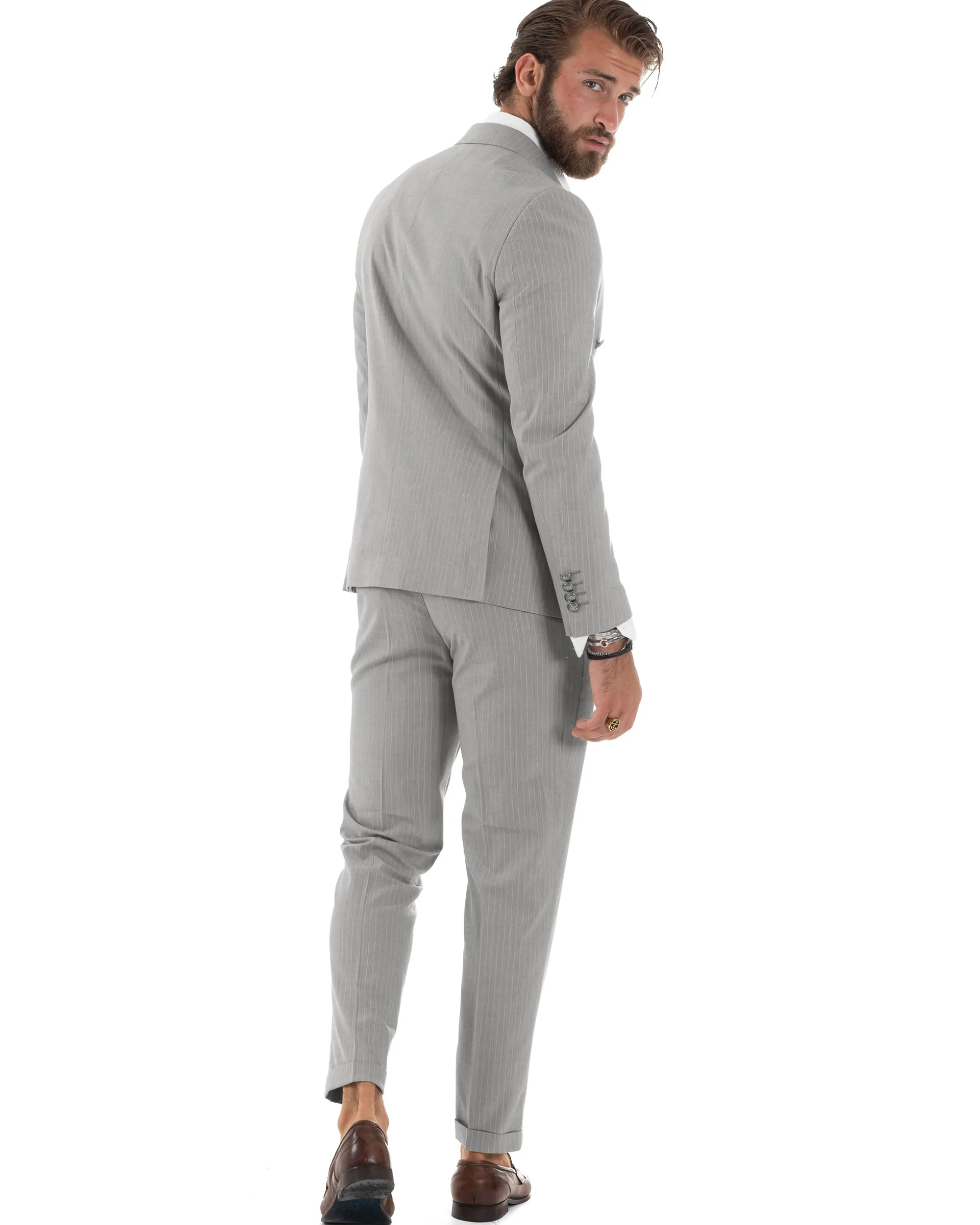 Abito Uomo Doppiopetto Vestito Completo Rigato Giacca Pantaloni Bottoni Metallo Fantasia Gessata Grigio AE1132A