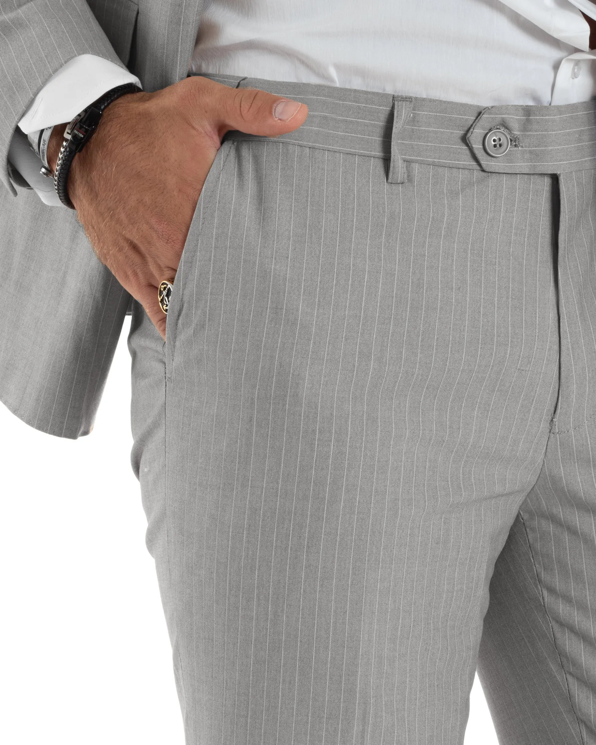 Abito Uomo Doppiopetto Vestito Completo Rigato Giacca Pantaloni Bottoni Metallo Fantasia Gessata Grigio AE1132A