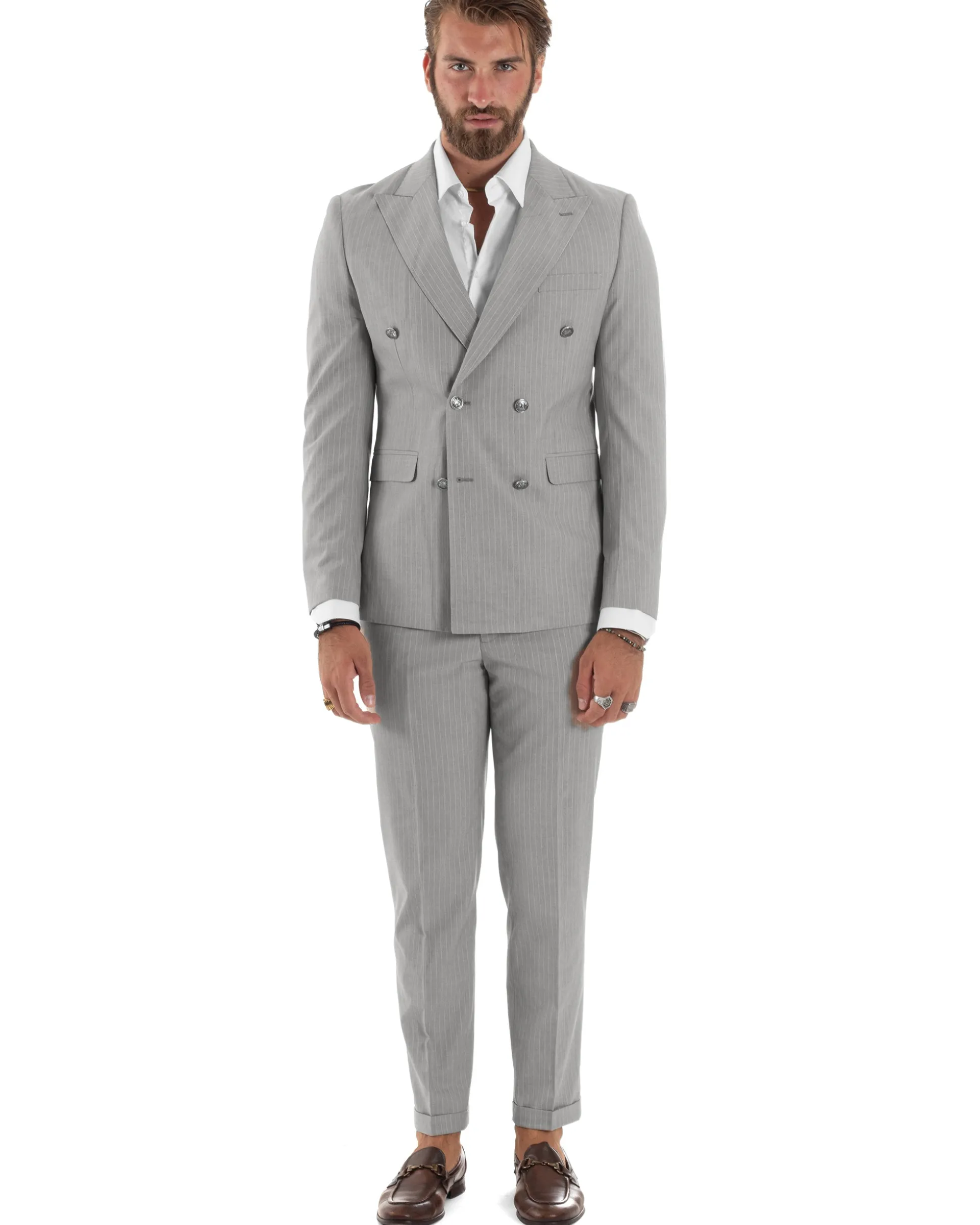 Abito Uomo Doppiopetto Vestito Completo Rigato Giacca Pantaloni Bottoni Metallo Fantasia Gessata Grigio AE1132A