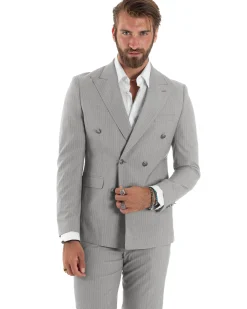 Abito Uomo Doppiopetto Vestito Completo Rigato Giacca Pantaloni Bottoni Metallo Fantasia Gessata Grigio AE1132A