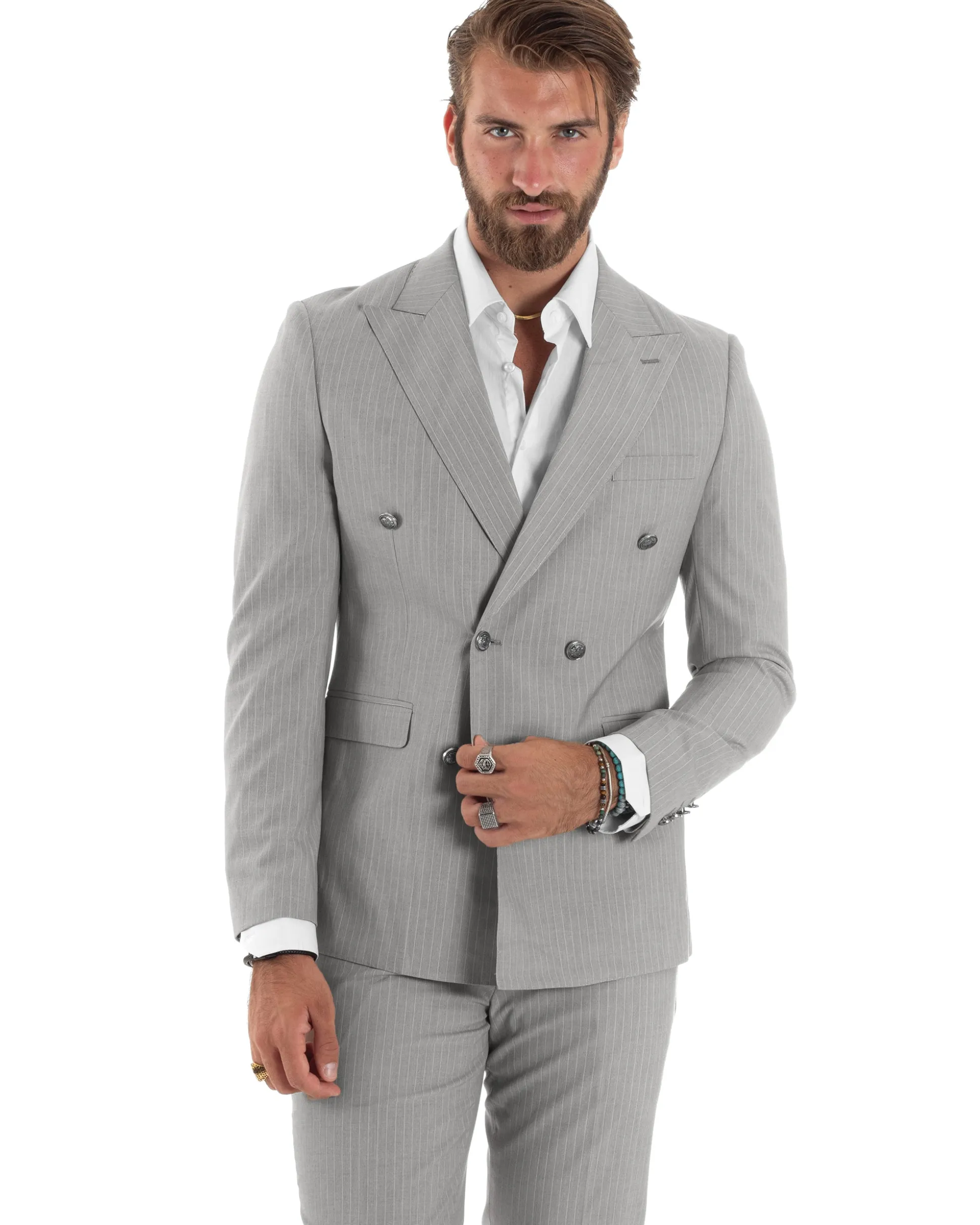 Abito Uomo Doppiopetto Vestito Completo Rigato Giacca Pantaloni Bottoni Metallo Fantasia Gessata Grigio AE1132A