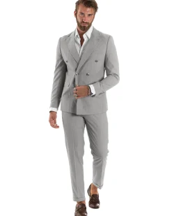Abito Uomo Doppiopetto Vestito Completo Rigato Giacca Pantaloni Bottoni Metallo Fantasia Gessata Grigio AE1132A