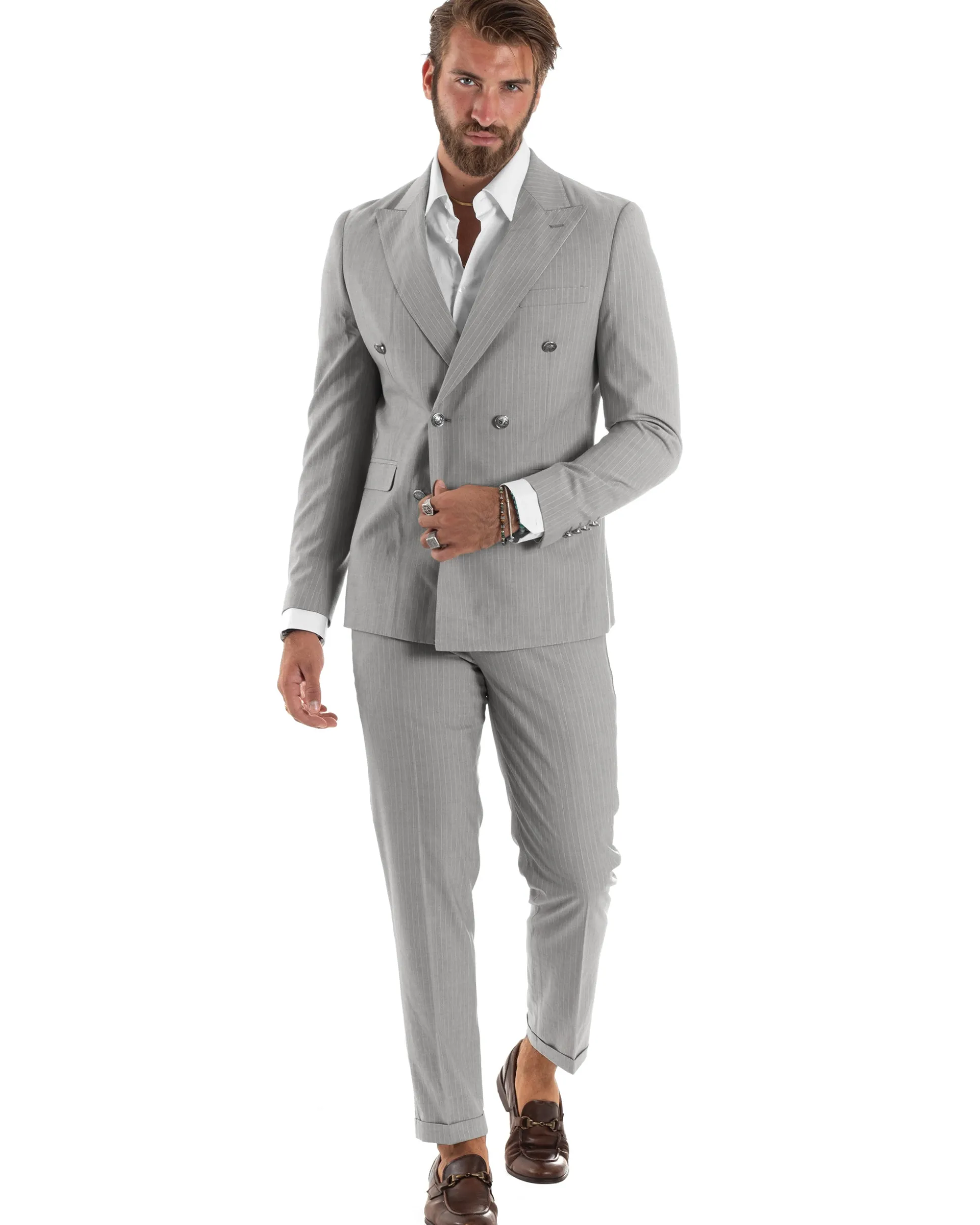 Abito Uomo Doppiopetto Vestito Completo Rigato Giacca Pantaloni Bottoni Metallo Fantasia Gessata Grigio AE1132A