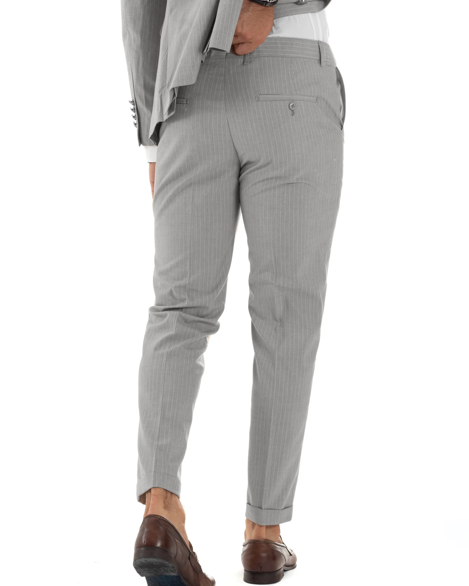 Abito Uomo Doppiopetto Vestito Completo Rigato Giacca Pantaloni Bottoni Metallo Fantasia Gessata Grigio AE1132A