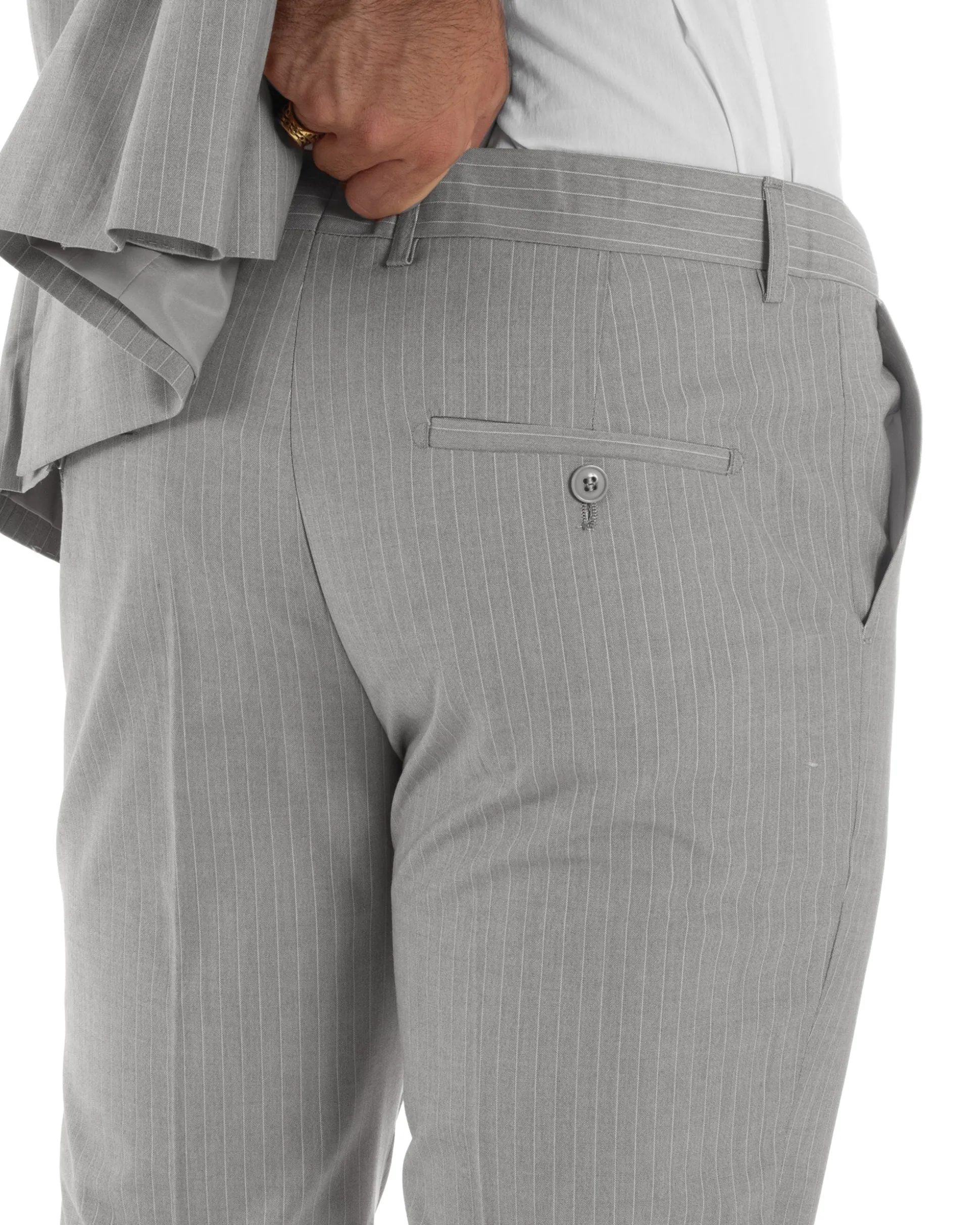 Abito Uomo Doppiopetto Vestito Completo Rigato Giacca Pantaloni Bottoni Metallo Fantasia Gessata Grigio AE1132A