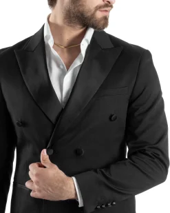 Abito Uomo Doppiopetto Vestito Completo Giacca Rever In Raso Pantaloni Smoking Nero AE1051A