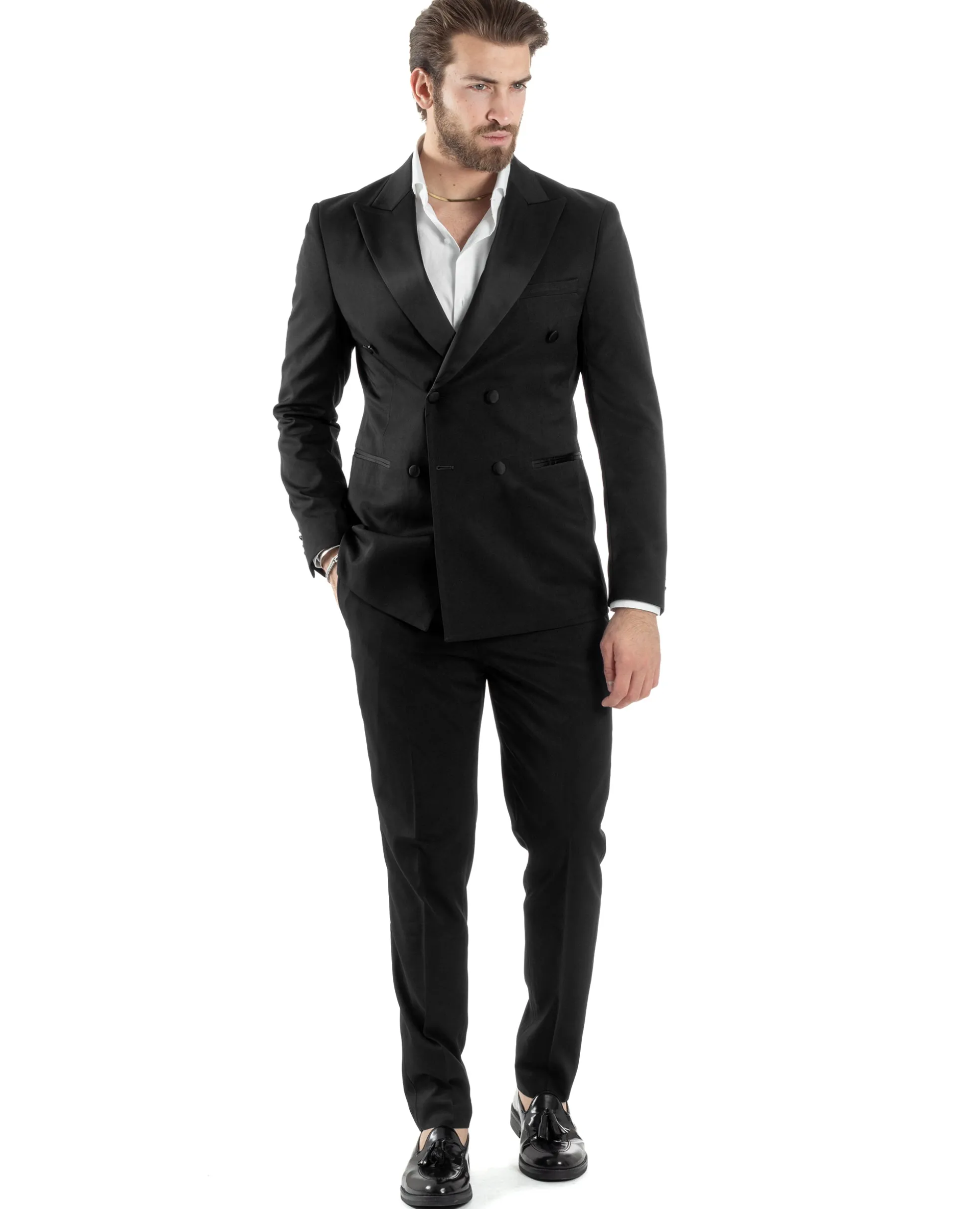 Abito Uomo Doppiopetto Vestito Completo Giacca Rever In Raso Pantaloni Smoking Nero AE1051A