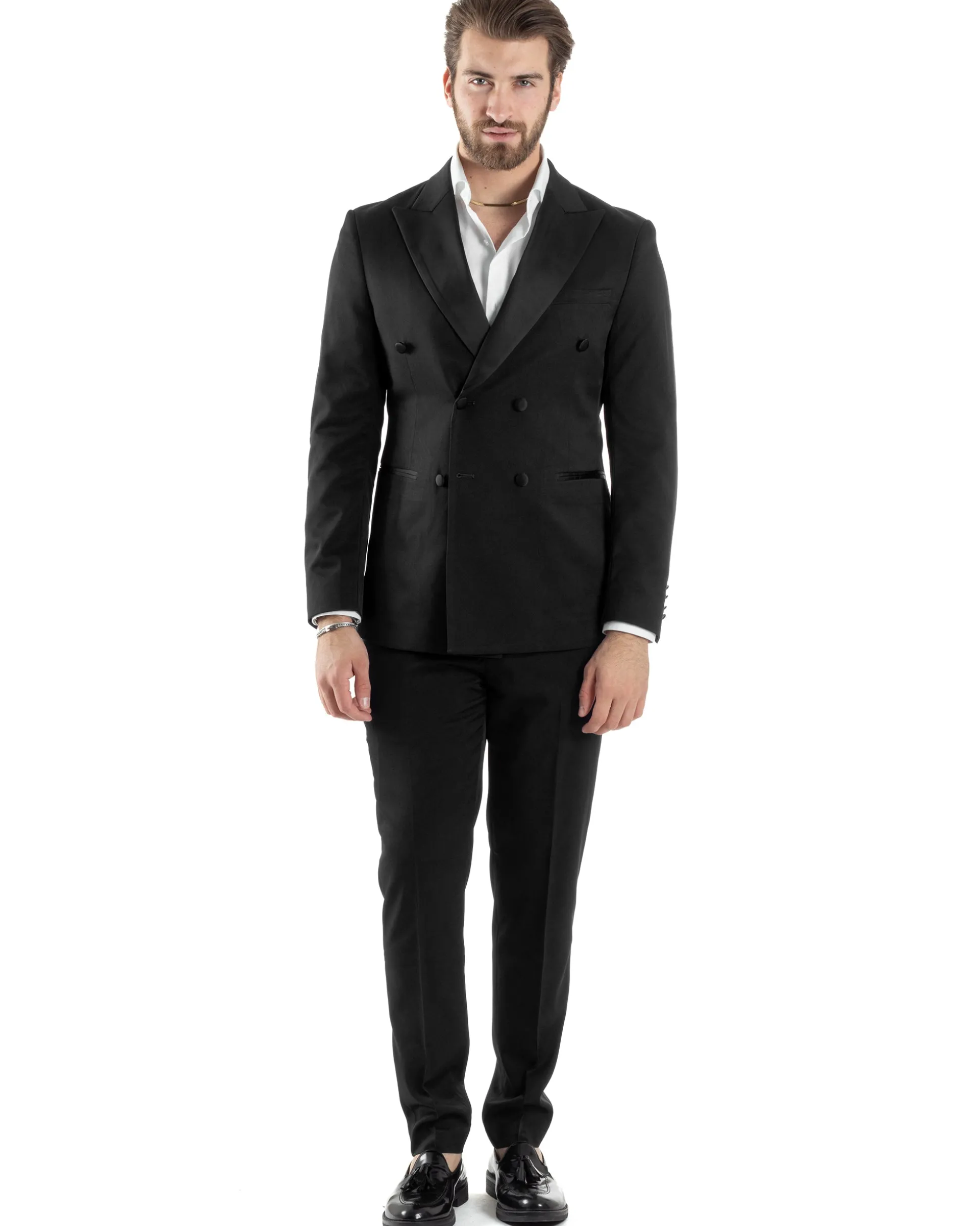 Abito Uomo Doppiopetto Vestito Completo Giacca Rever In Raso Pantaloni Smoking Nero AE1051A