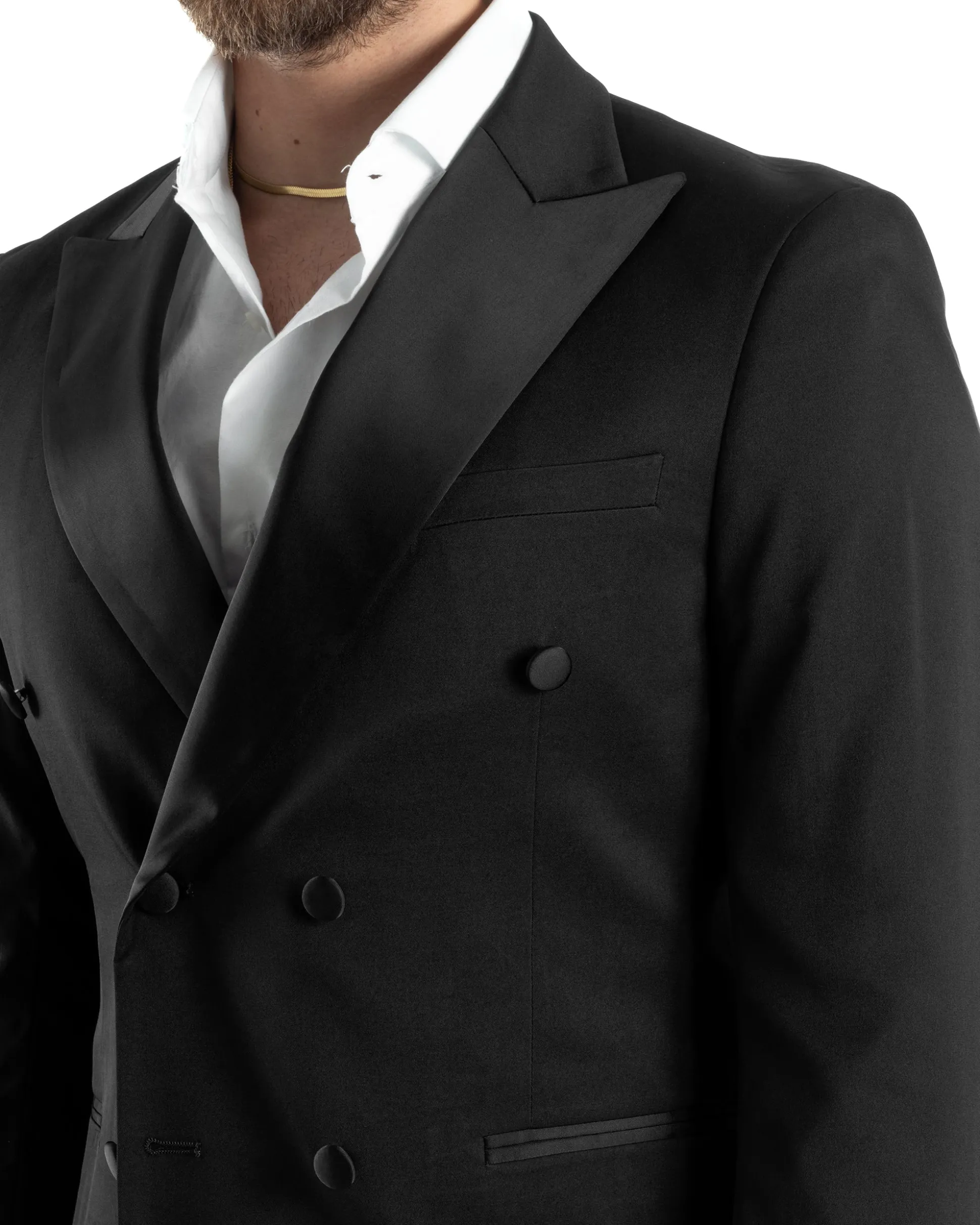 Abito Uomo Doppiopetto Vestito Completo Giacca Rever In Raso Pantaloni Smoking Nero AE1051A