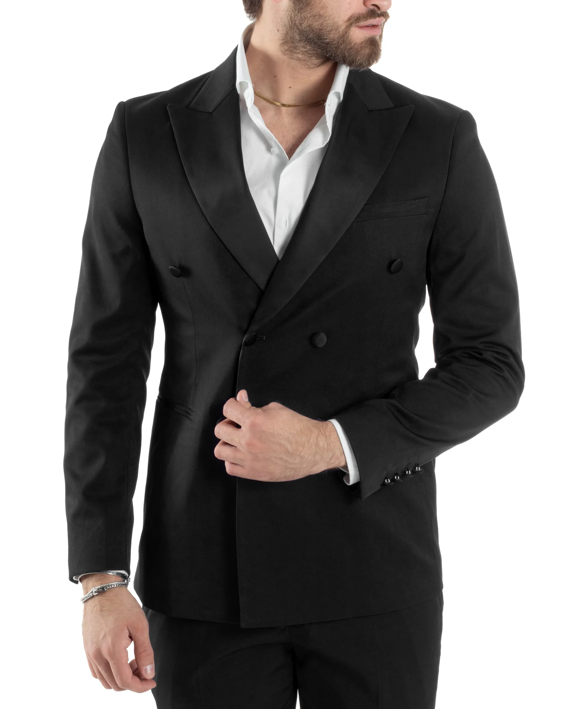 Abito Uomo Doppiopetto Vestito Completo Giacca Rever In Raso Pantaloni Smoking Nero AE1051A