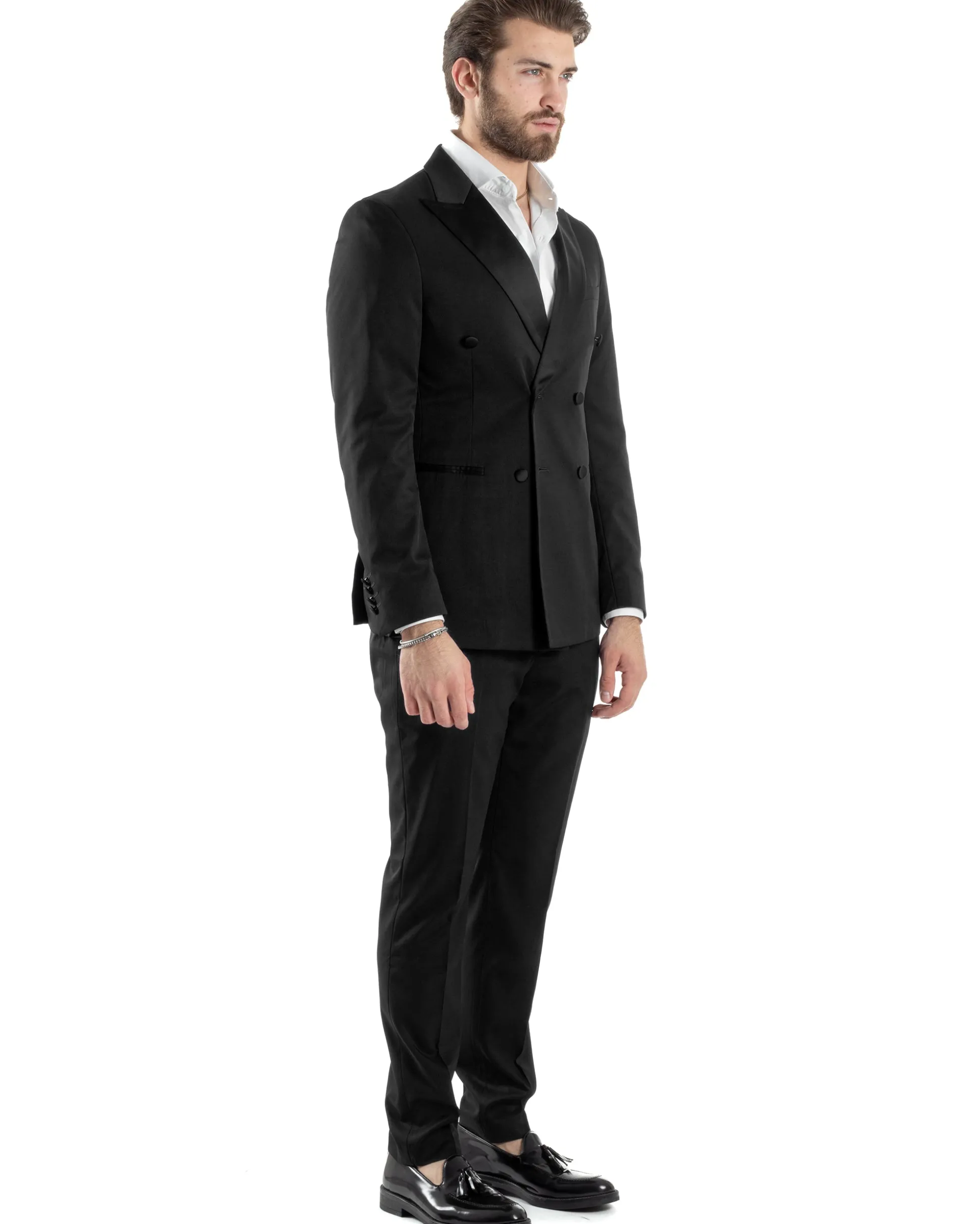 Abito Uomo Doppiopetto Vestito Completo Giacca Rever In Raso Pantaloni Smoking Nero AE1051A