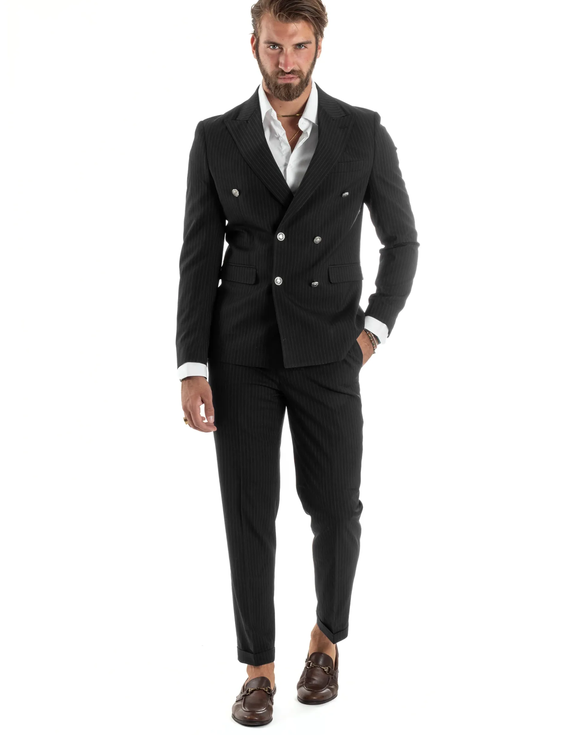 Abito Uomo Doppiopetto Vestito Completo Rigato Giacca Pantaloni Bottoni Metallo Fantasia Gessata Nero AE1103A