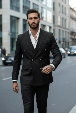 Abito Uomo Doppiopetto Vestito Completo Rigato Giacca Pantaloni Bottoni Metallo Fantasia Gessata Nero AE1103A