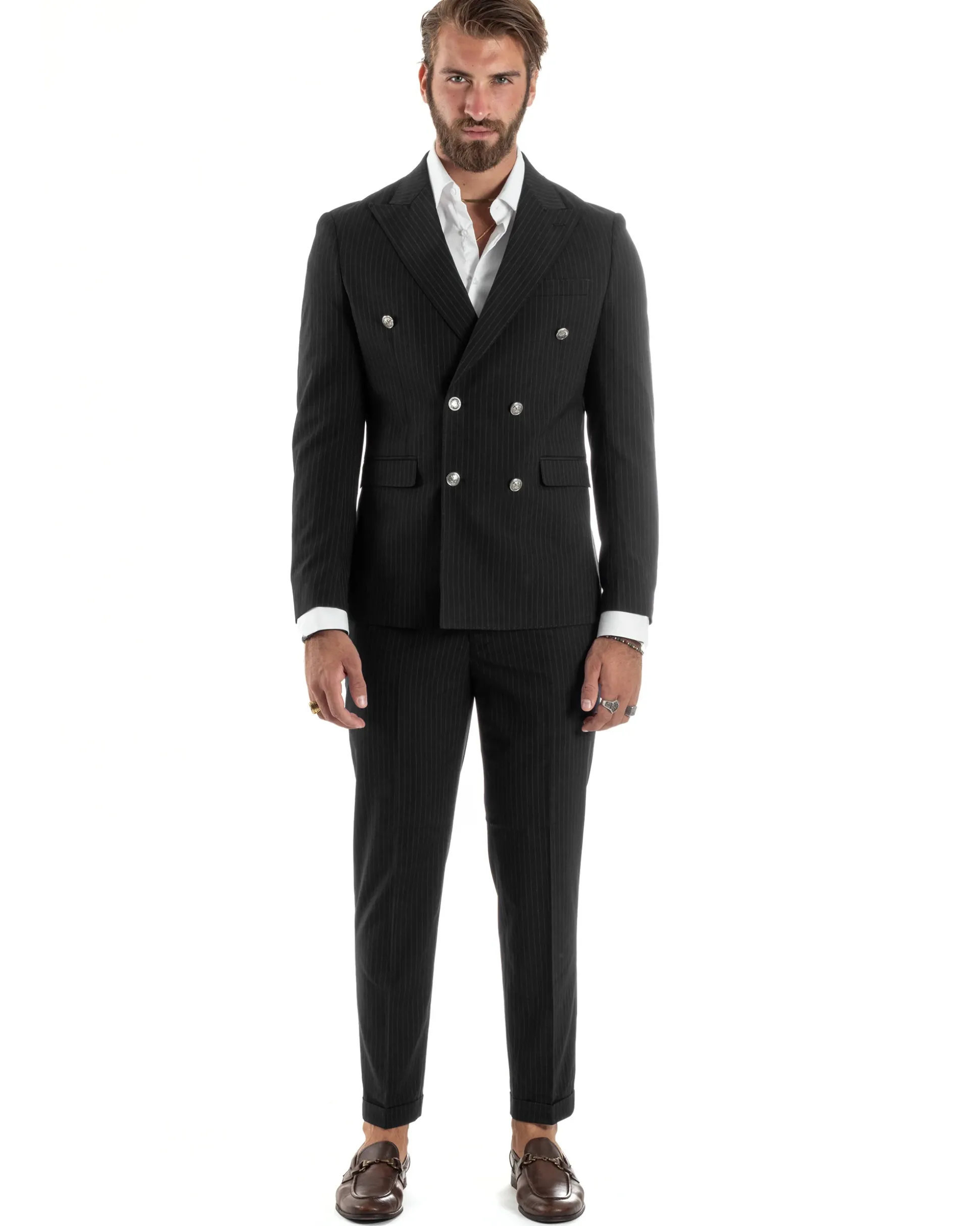 Abito Uomo Doppiopetto Vestito Completo Rigato Giacca Pantaloni Bottoni Metallo Fantasia Gessata Nero AE1103A