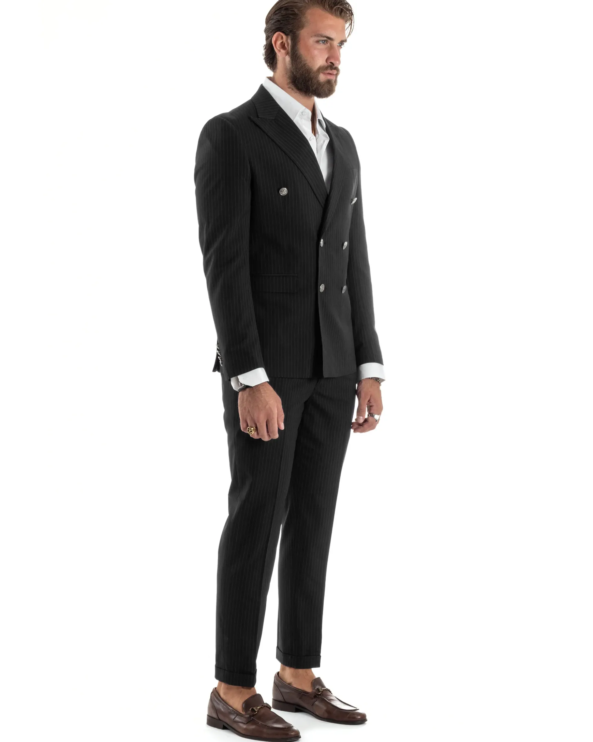 Abito Uomo Doppiopetto Vestito Completo Rigato Giacca Pantaloni Bottoni Metallo Fantasia Gessata Nero AE1103A