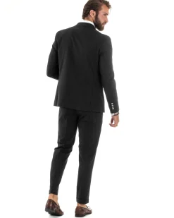 Abito Uomo Doppiopetto Vestito Completo Rigato Giacca Pantaloni Bottoni Metallo Fantasia Gessata Nero AE1103A