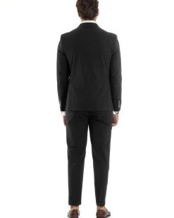Abito Uomo Doppiopetto Vestito Completo Rigato Giacca Pantaloni Bottoni Metallo Fantasia Gessata Nero AE1103A