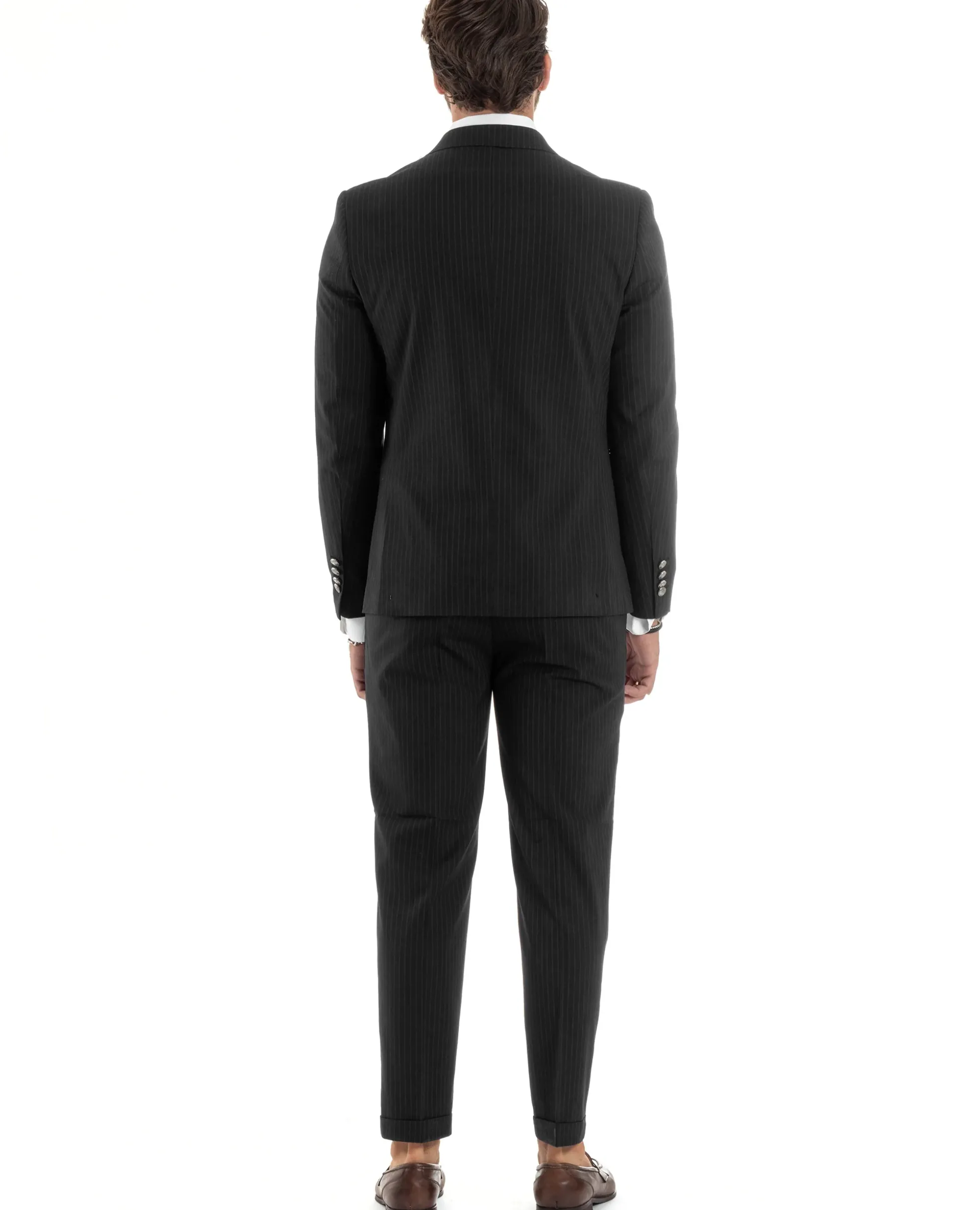 Abito Uomo Doppiopetto Vestito Completo Rigato Giacca Pantaloni Bottoni Metallo Fantasia Gessata Nero AE1103A