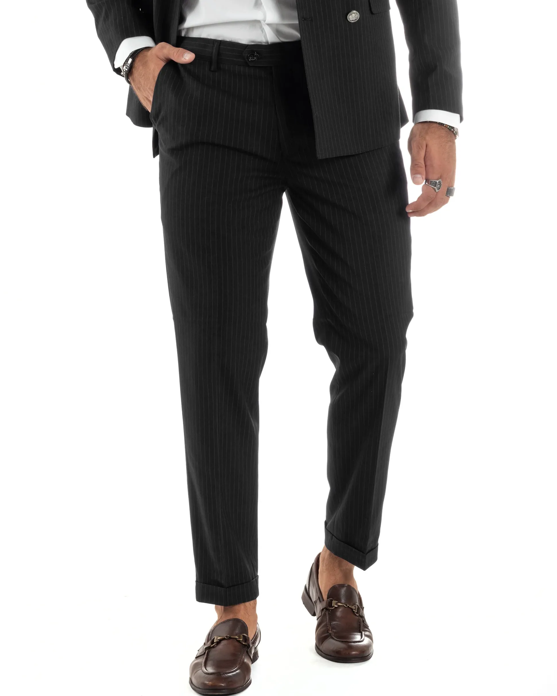 Abito Uomo Doppiopetto Vestito Completo Rigato Giacca Pantaloni Bottoni Metallo Fantasia Gessata Nero AE1103A