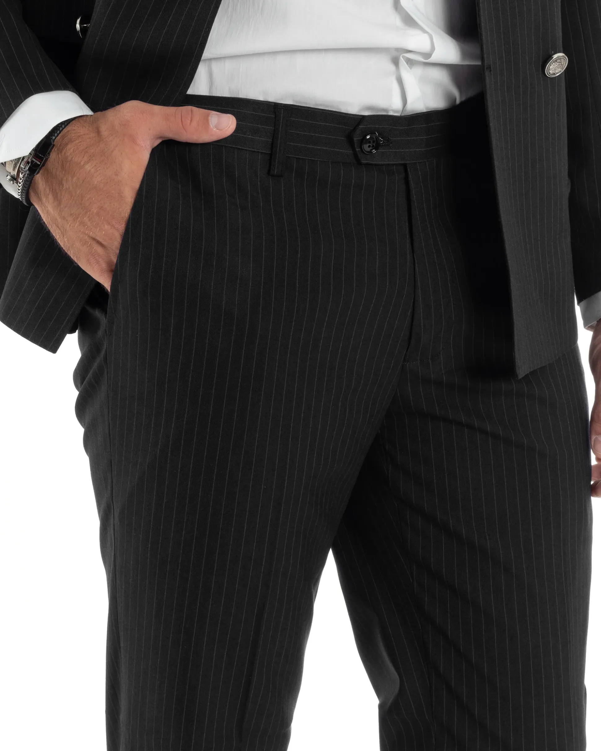 Abito Uomo Doppiopetto Vestito Completo Rigato Giacca Pantaloni Bottoni Metallo Fantasia Gessata Nero AE1103A