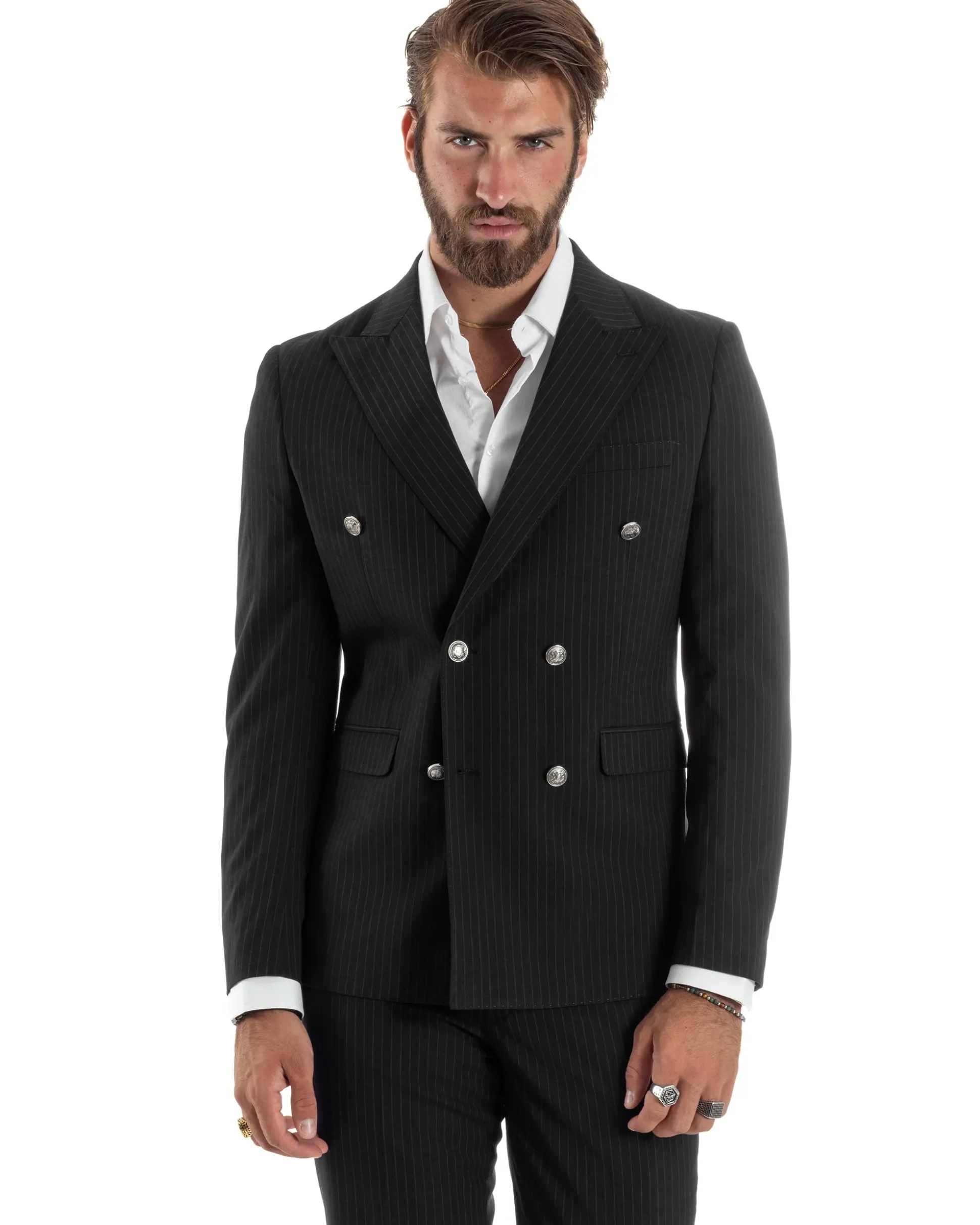 Abito Uomo Doppiopetto Vestito Completo Rigato Giacca Pantaloni Bottoni Metallo Fantasia Gessata Nero AE1103A