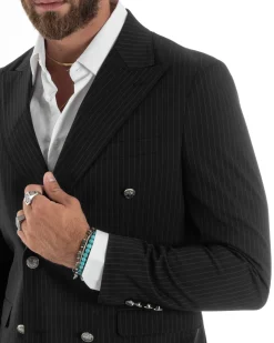 Abito Uomo Doppiopetto Vestito Completo Rigato Giacca Pantaloni Bottoni Metallo Fantasia Gessata Nero AE1103A