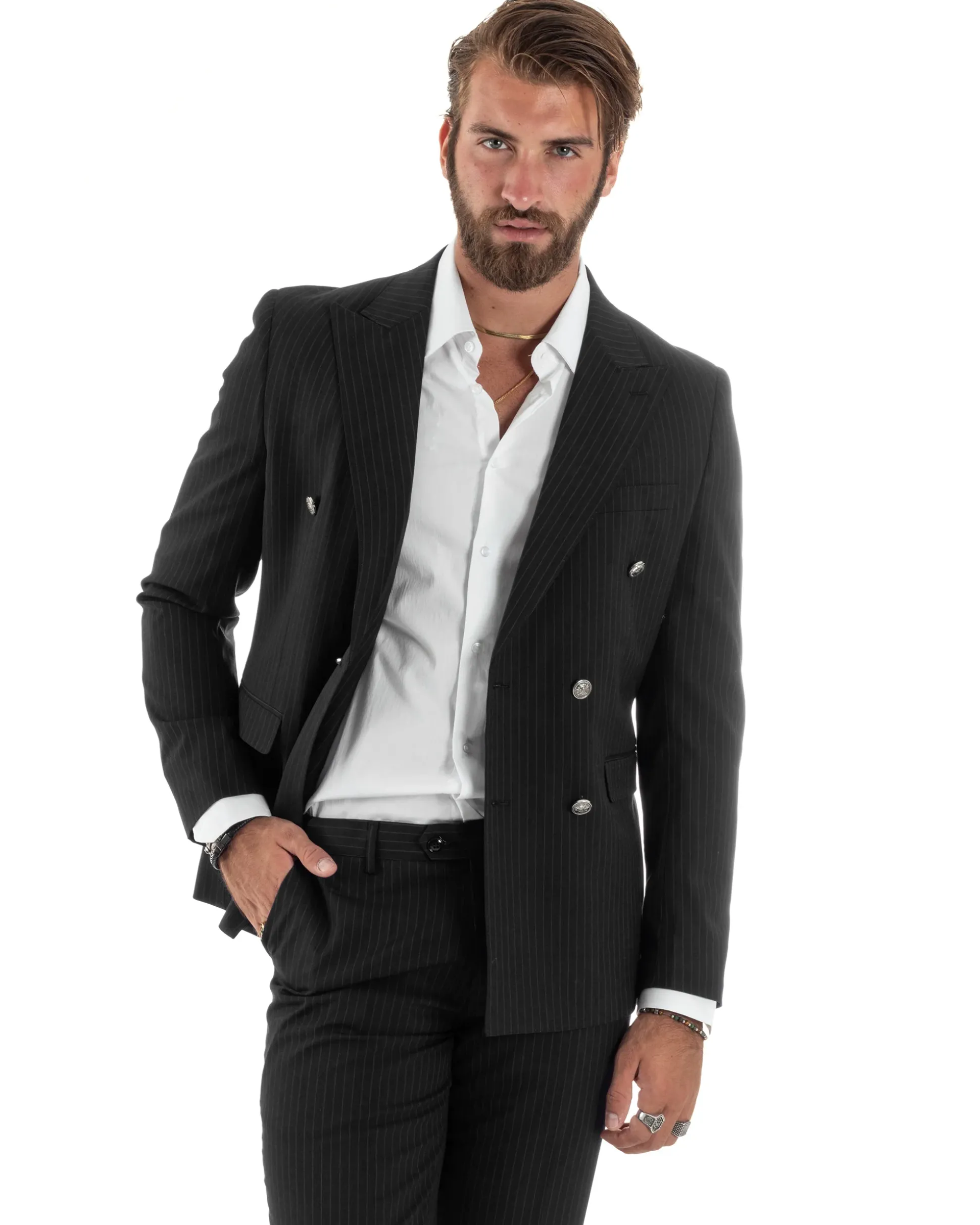 Abito Uomo Doppiopetto Vestito Completo Rigato Giacca Pantaloni Bottoni Metallo Fantasia Gessata Nero AE1103A