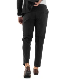 Abito Uomo Doppiopetto Vestito Completo Rigato Giacca Pantaloni Bottoni Metallo Fantasia Gessata Nero AE1103A