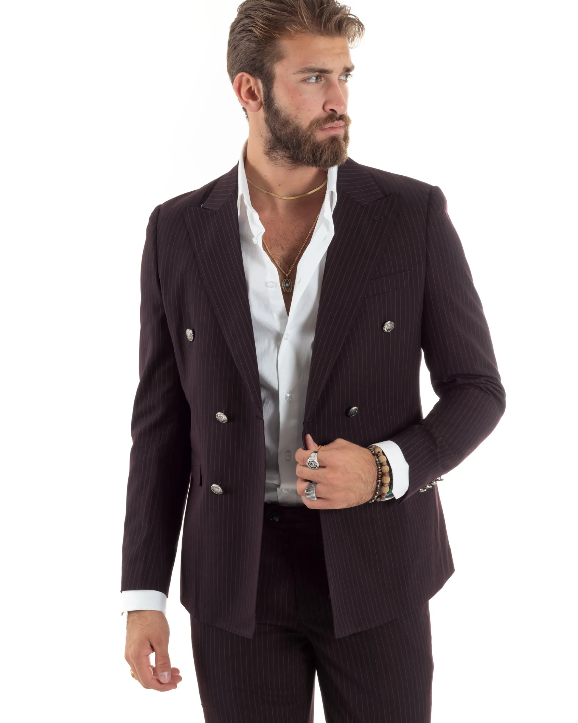 Abito Uomo Doppiopetto Vestito Completo Rigato Giacca Pantaloni Bottoni Metallo Fantasia Gessata Bordeaux AE1102A