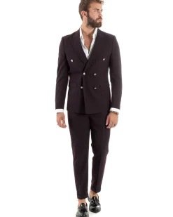 Abito Uomo Doppiopetto Vestito Completo Rigato Giacca Pantaloni Bottoni Metallo Fantasia Gessata Bordeaux AE1102A